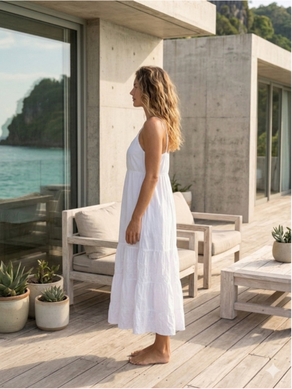 Karina-Highway White 100% Cotton Eyelet Tiered Midi Dress Resort Boho Medium - Picture 2 of 13